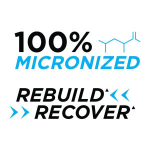 Image of the stats of glutamine saying 100% micronized and rebuild recover