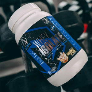 1 jug of Alpha Nutrition Labs protein sitting on some weights