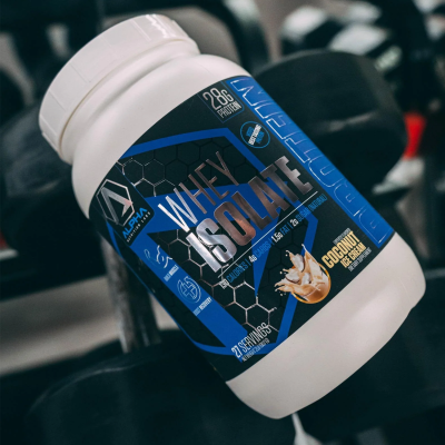 1 jug of Alpha Nutrition Labs protein sitting on some weights