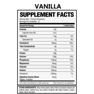 Supplement Facts for Alpha Nutrition Labs Whey Isolate Protein Vanilla Flavor