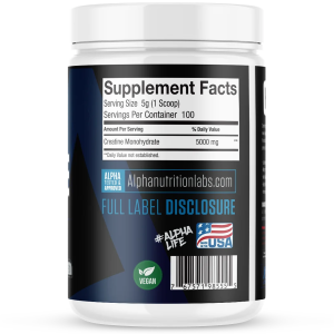 Image of Alpha Nutrition Labs Creatine Monohydrate 5mg, 100 serving bottle supplement facts