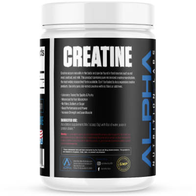Image of Alpha Nutrition Labs Creatine Monohydrate 5mg, 100 serving bottle on how to use creatine