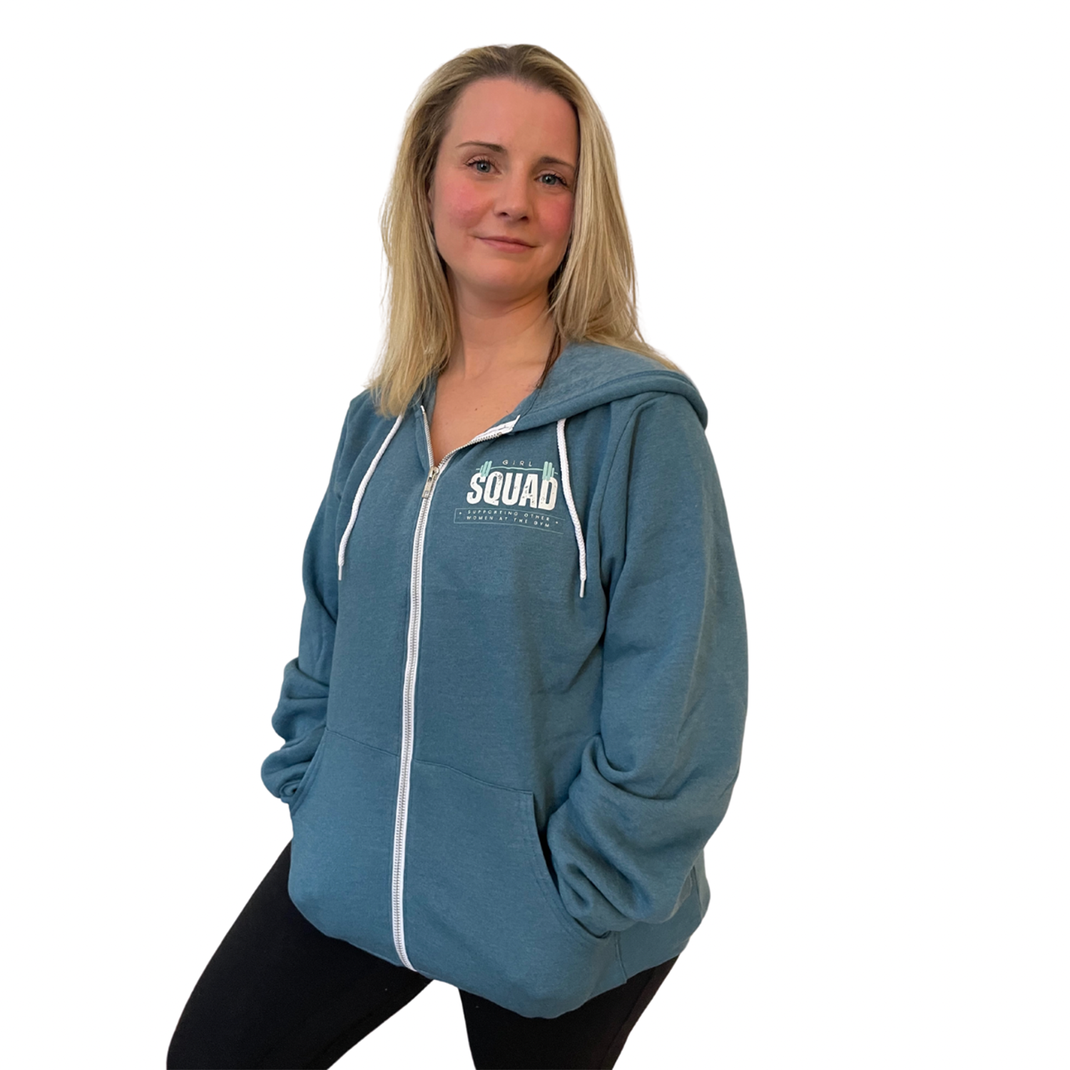 Picture of Amy Nally in a Heather Deep Teal Zip Up Hoodie with Girl Squad Imprinted