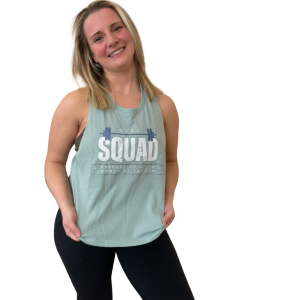 Picture of Amy Nally in a Dusty Blue Crop Top Tank Top with Girl Squad Imprinted