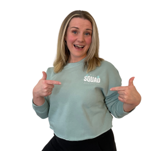 Picture of Amy Nally in a Dusty Blue Teal Crewneck Crop Sweatshirt with Girl Squad Imprinted