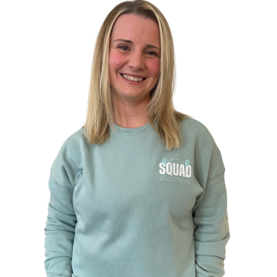 Picture of Amy Nally in a Dusty Blue Teal Crewneck Crop Sweatshirt with Girl Squad Imprinted