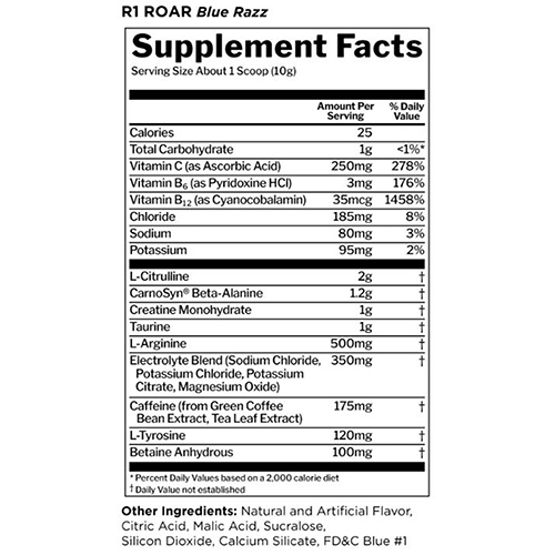 Picture of Rule 1 Proteins R1 Roar Blue Razz Flavor Supplement Facts