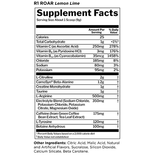 Picture of Rule 1 Proteins R1 Roar Lemon Lime Flavor Supplment Facts