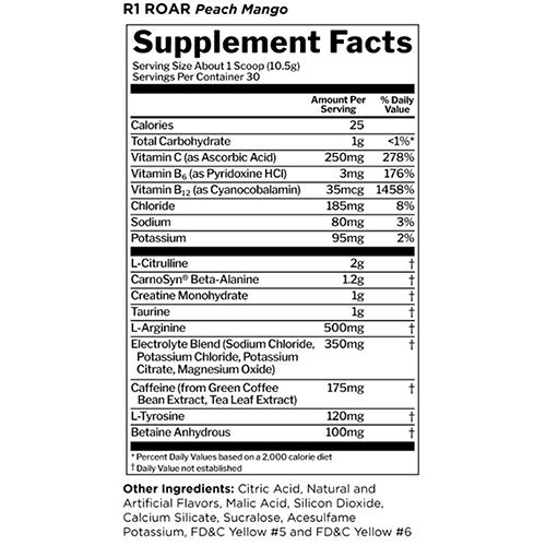 Picture of Rule 1 Proteins R1 Roar Peach Mango Flavor Supplement Facts