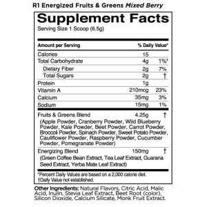Image of Rule 1 Proteins Fruit & Greens+ Antioxidants Mixed Berry Container for 30 Servings Supplement Facts