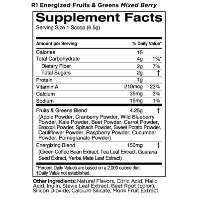 Image of Rule 1 Proteins Fruit & Greens+ Antioxidants Mixed Berry Container for 30 Servings Supplement Facts