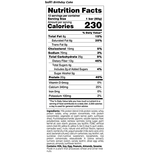 Picture of Rule 1 Protein Bar1 Bar Box of the Birthday Cake Flavor Nutritional Facts
