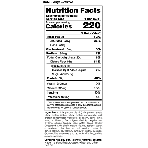 Picture of Rule 1 Protein Bar1 Bar Box of the Fudge Brownie Flavor Nutritonal Facts