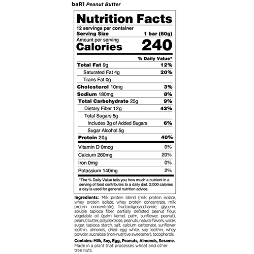 Picture of Rule 1 Protein Bar1 Bar Box of the Peanut Butter Flavor Nutrional Facts