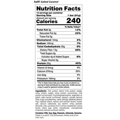 Picture of Rule 1 Protein Bar1 Bar Box of the Carmel Salted Flavor Nutrional Facts