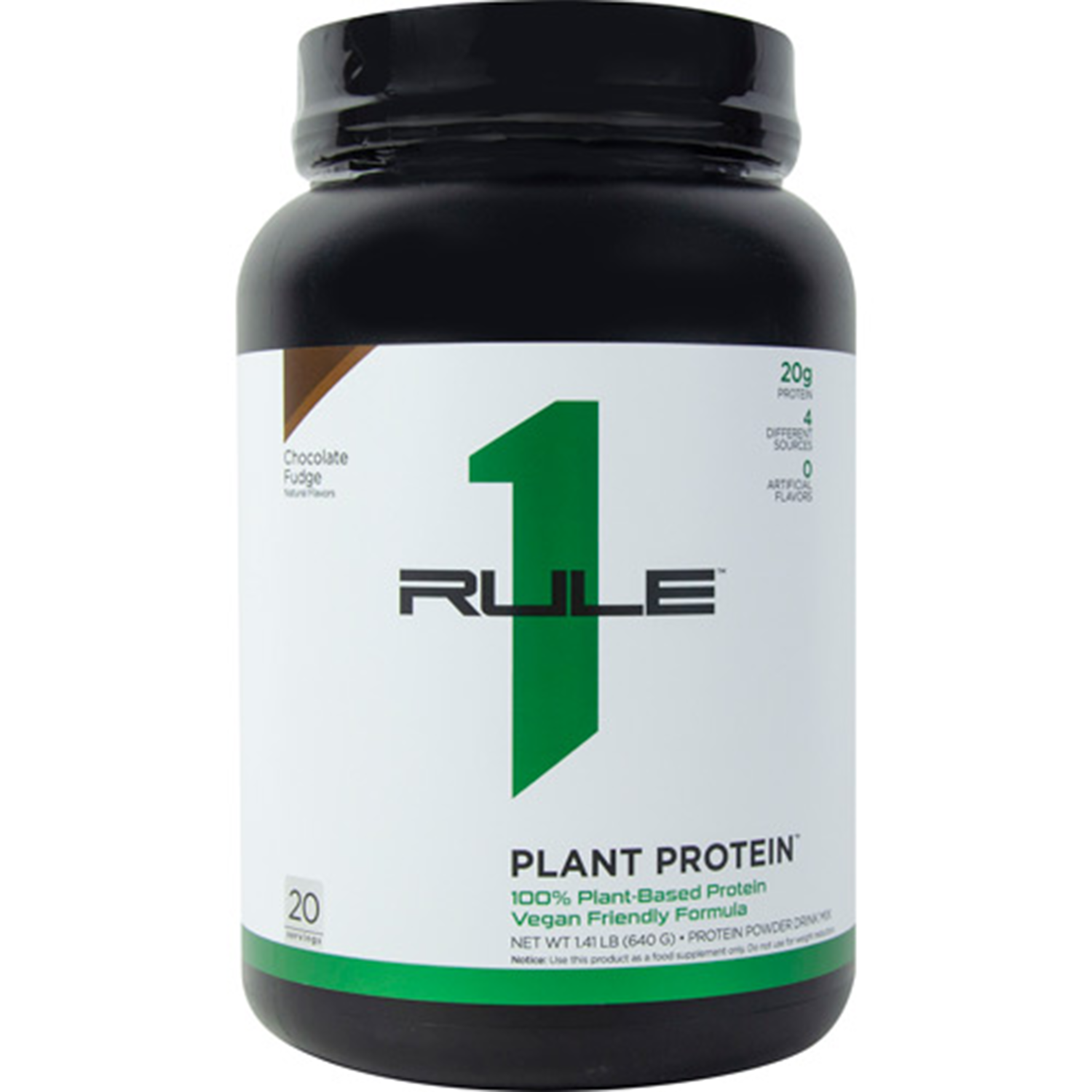 Image of the Rule 1 Proteins R1 Plant Protein container. Chocolate Fudge flavor