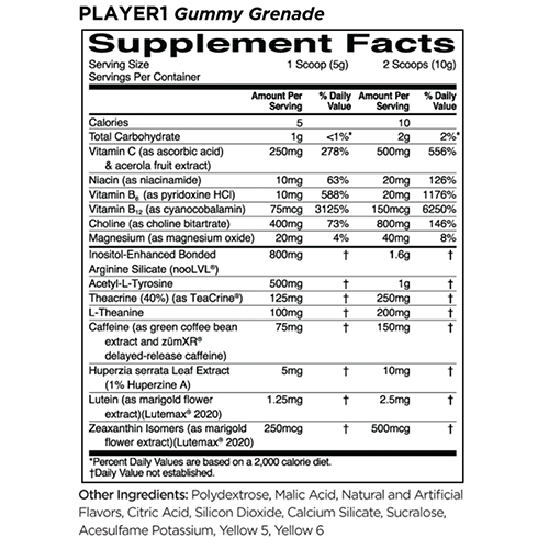 Image of the Rule 1 Proteins R1 Player 1 Supplement Facts. Gummy Gernade flavor