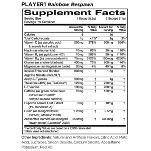 Image of the Rule 1 Proteins R1 Player 1 Supplement Facts. Rainbow Respawn flavor