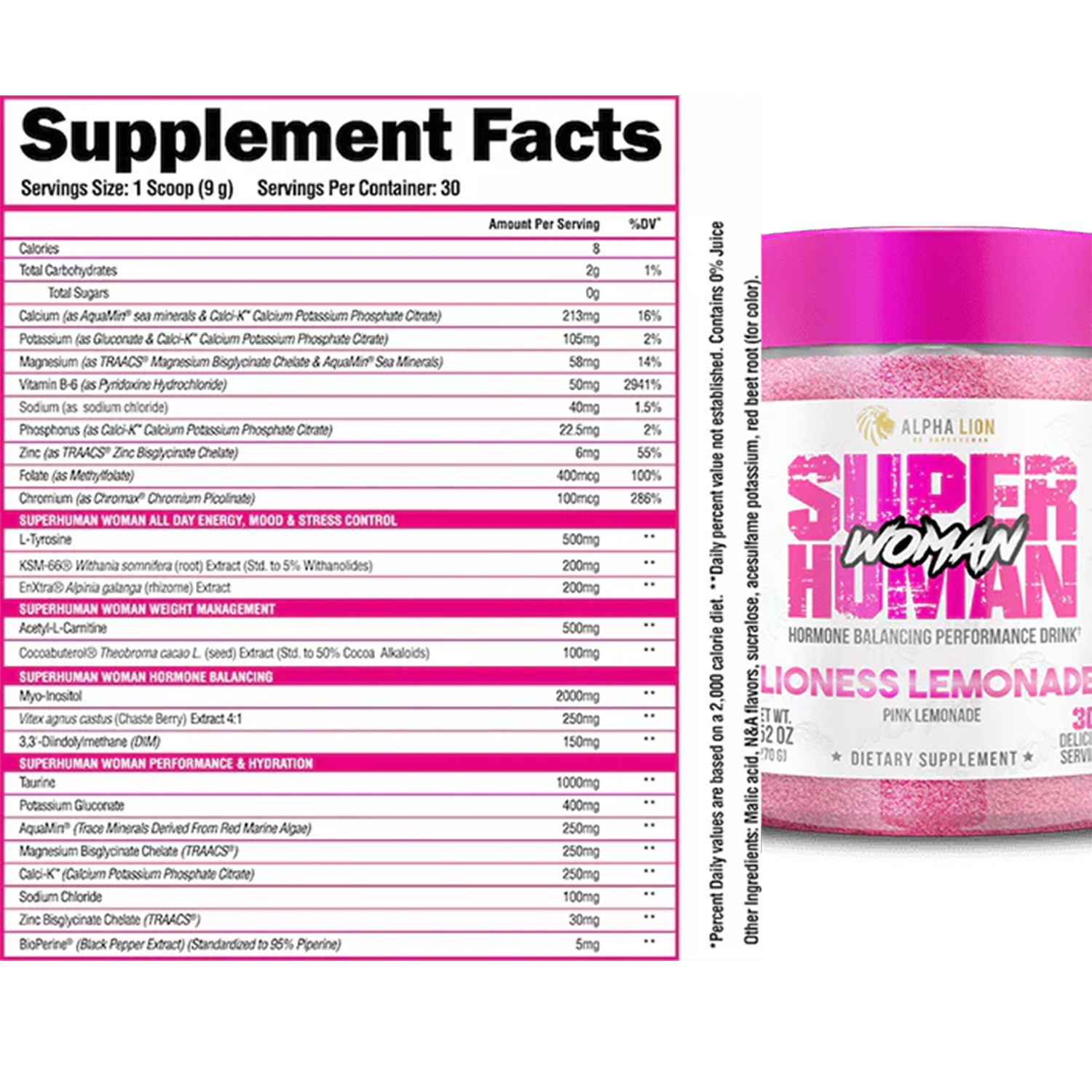 Supplement facts label for Alpha Lion Super Human Woman Lioness Lemonade. The label details ingredients, serving size, and nutritional information in a structured format on a black background with white text."