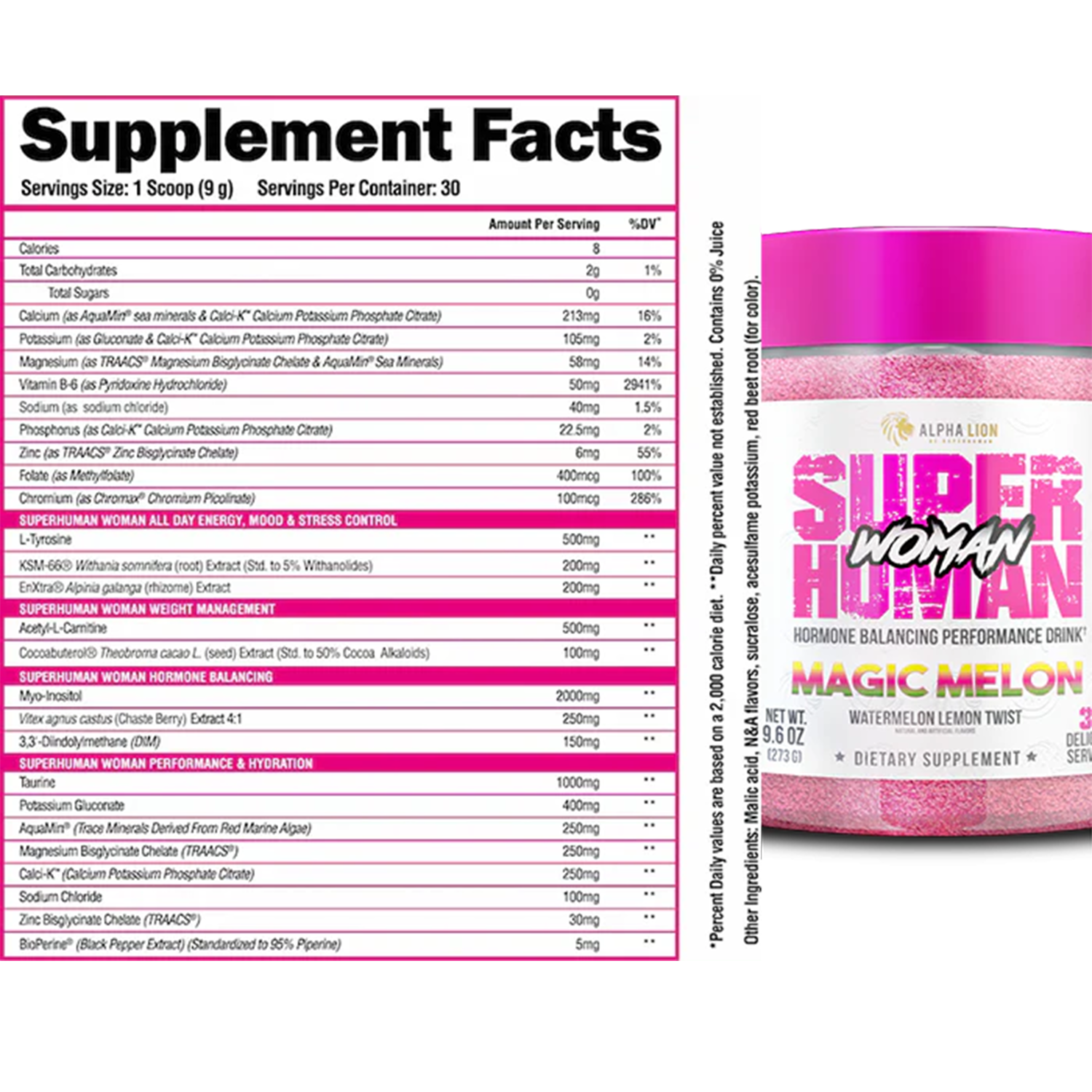 upplement facts label for Alpha Lion Super Human Woman Magic Melon. The label presents ingredients, serving size, and nutritional information in a structured format on a black background with white text.
