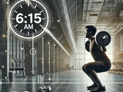 Focused individual performing squats in a modern gym at 6:15 AM, representing efficient 45-minute workouts and time management.