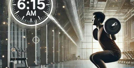 Focused individual performing squats in a modern gym at 6:15 AM, representing efficient 45-minute workouts and time management.