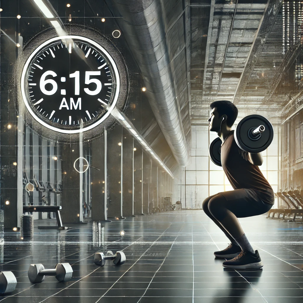 Focused individual performing squats in a modern gym at 6:15 AM, representing efficient 45-minute workouts and time management.