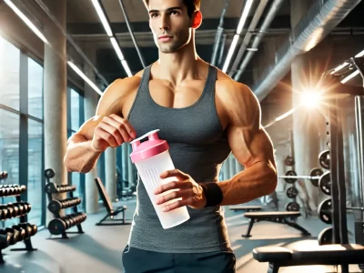 n energetic young man in workout gear mixing a supplement shake in a modern gym setting, surrounded by weights and fitness equipment, with bright lighting creating a motivational atmosphere.