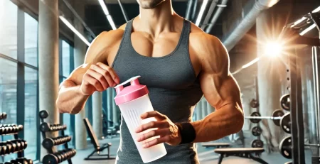 n energetic young man in workout gear mixing a supplement shake in a modern gym setting, surrounded by weights and fitness equipment, with bright lighting creating a motivational atmosphere.