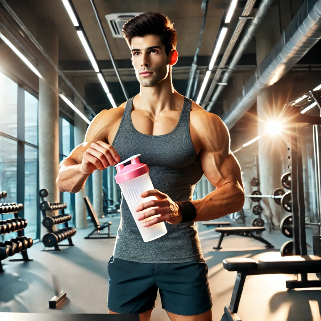 n energetic young man in workout gear mixing a supplement shake in a modern gym setting, surrounded by weights and fitness equipment, with bright lighting creating a motivational atmosphere.