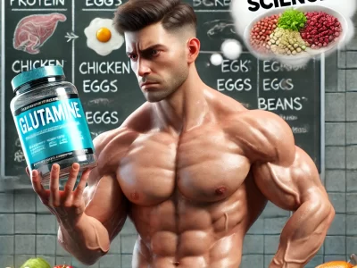 A muscular athlete in a gym, skeptically examining a glutamine supplement bottle. The background includes protein-rich foods like chicken, eggs, and beans, symbolizing natural sources of glutamine. A thought bubble above him reads, "Hype or Science?"