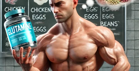A muscular athlete in a gym, skeptically examining a glutamine supplement bottle. The background includes protein-rich foods like chicken, eggs, and beans, symbolizing natural sources of glutamine. A thought bubble above him reads, "Hype or Science?"