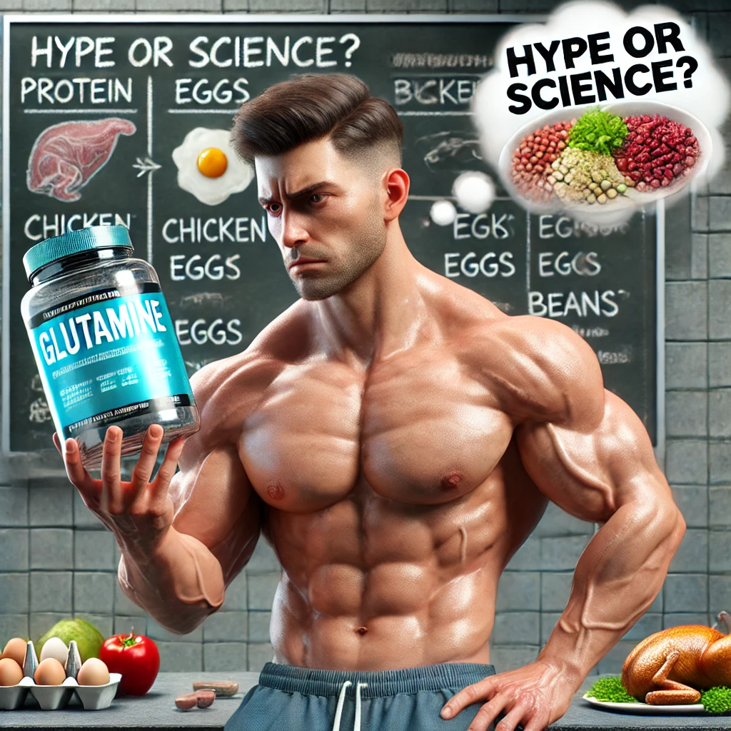 A muscular athlete in a gym, skeptically examining a glutamine supplement bottle. The background includes protein-rich foods like chicken, eggs, and beans, symbolizing natural sources of glutamine. A thought bubble above him reads, "Hype or Science?"