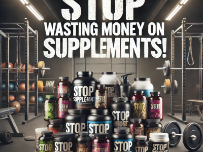 A cluttered supplement shelf with bold text stating 'STOP WASTING MONEY ON SUPPLEMENTS!' highlighting the importance of informed supplement choices in fitness.