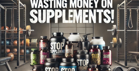 A cluttered supplement shelf with bold text stating 'STOP WASTING MONEY ON SUPPLEMENTS!' highlighting the importance of informed supplement choices in fitness.