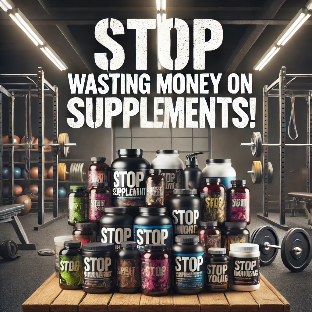 A cluttered supplement shelf with bold text stating 'STOP WASTING MONEY ON SUPPLEMENTS!' highlighting the importance of informed supplement choices in fitness.