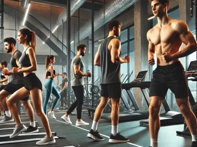 A group of people working out in a modern gym, engaged in exercises like weightlifting, running on treadmills, and bodyweight training. The gym is well-lit and equipped with dumbbells, barbells, and resistance machines, creating a focused and motivational atmosphere.