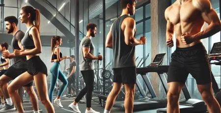 A group of people working out in a modern gym, engaged in exercises like weightlifting, running on treadmills, and bodyweight training. The gym is well-lit and equipped with dumbbells, barbells, and resistance machines, creating a focused and motivational atmosphere.