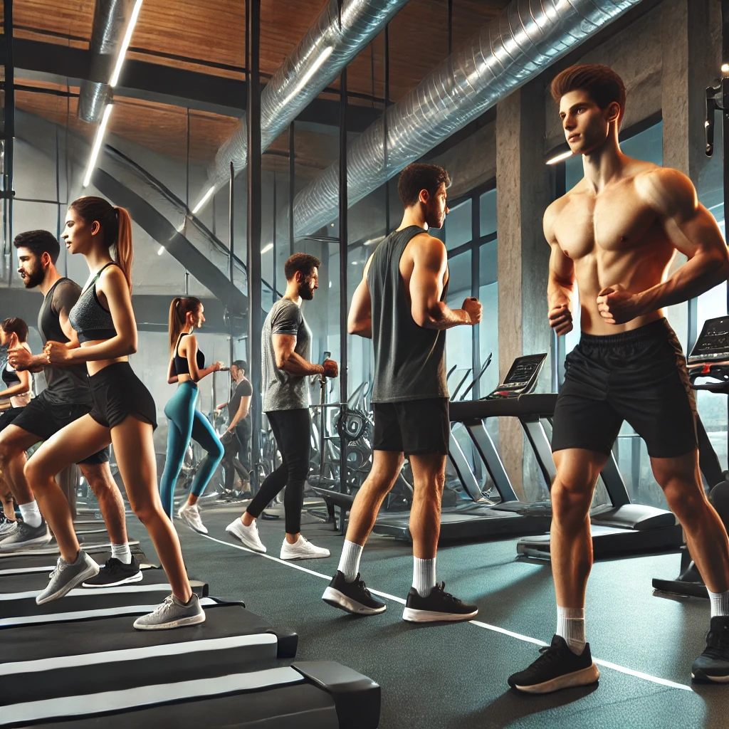 A group of people working out in a modern gym, engaged in exercises like weightlifting, running on treadmills, and bodyweight training. The gym is well-lit and equipped with dumbbells, barbells, and resistance machines, creating a focused and motivational atmosphere.