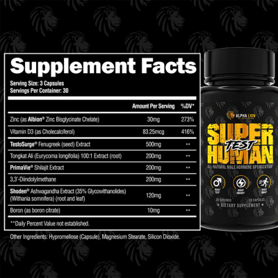 Supplement facts label for Alpha Lion Super Human Test. The label provides detailed information on ingredients, serving size, and nutritional content in a structured format on a black background with white text.