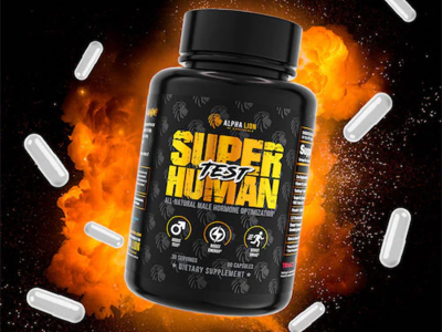 User-generated content image featuring Alpha Lion Super Human Test supplement. The image showcases the product packaging along with supplement details, branding, and a visually engaging background