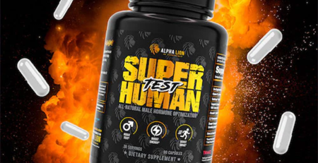 User-generated content image featuring Alpha Lion Super Human Test supplement. The image showcases the product packaging along with supplement details, branding, and a visually engaging background