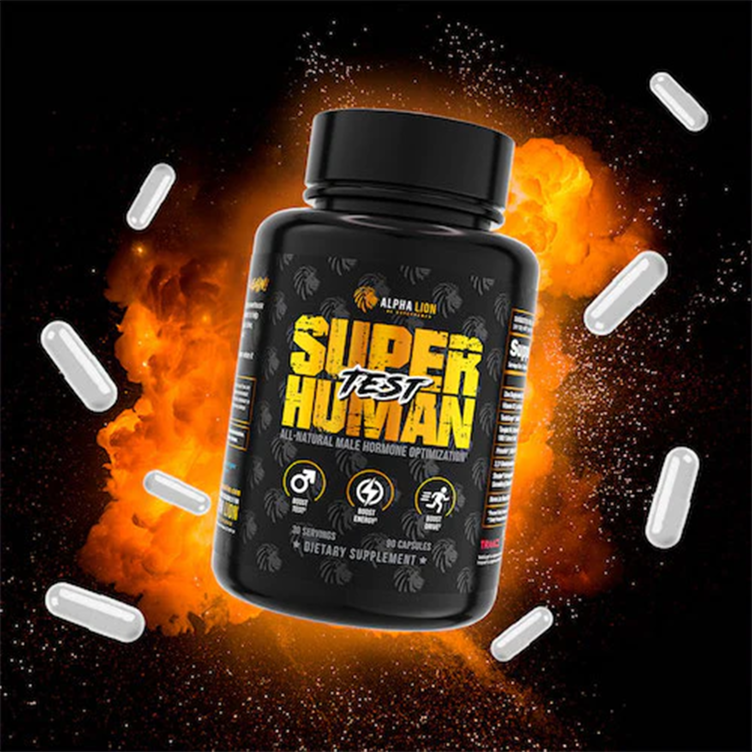 User-generated content image featuring Alpha Lion Super Human Test supplement. The image showcases the product packaging along with supplement details, branding, and a visually engaging background
