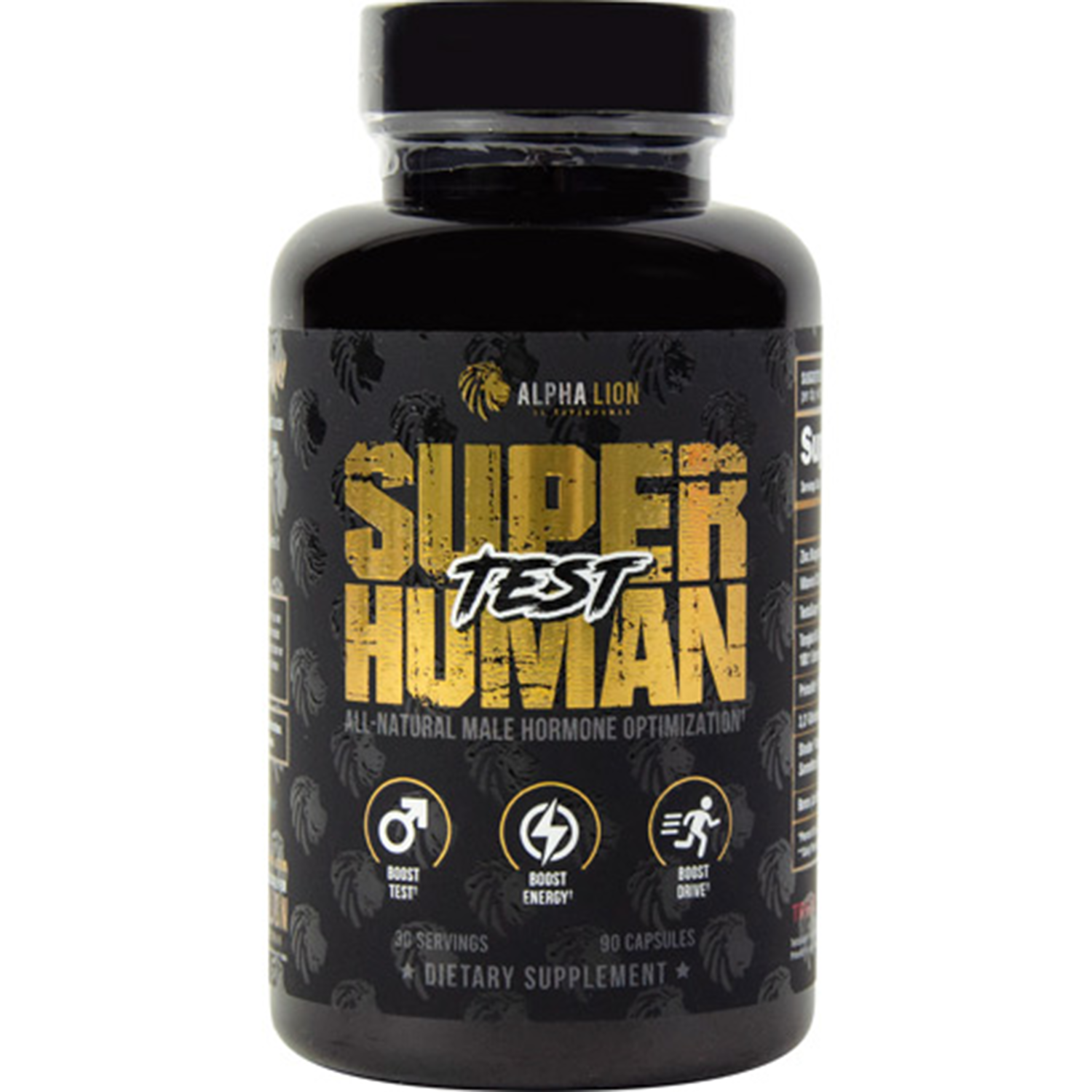 Supplement facts label for Alpha Lion Super Human Test. The label displays ingredients, serving size, and nutritional information in a structured format on a black background with white text.