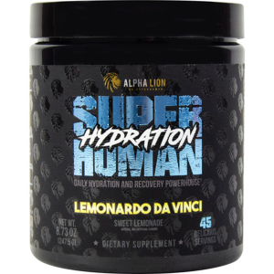 Alpha Lion Superhuman Hydration supplement packaging. The image showcases the product branding and design with a vibrant and dynamic background.