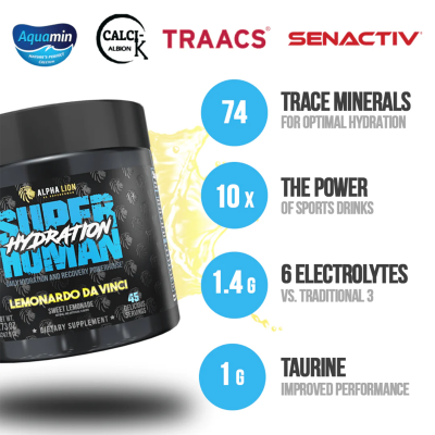 Alpha Lion Superhuman Hydration Active supplement packaging. The image showcases the product branding and design with a vibrant and dynamic background.