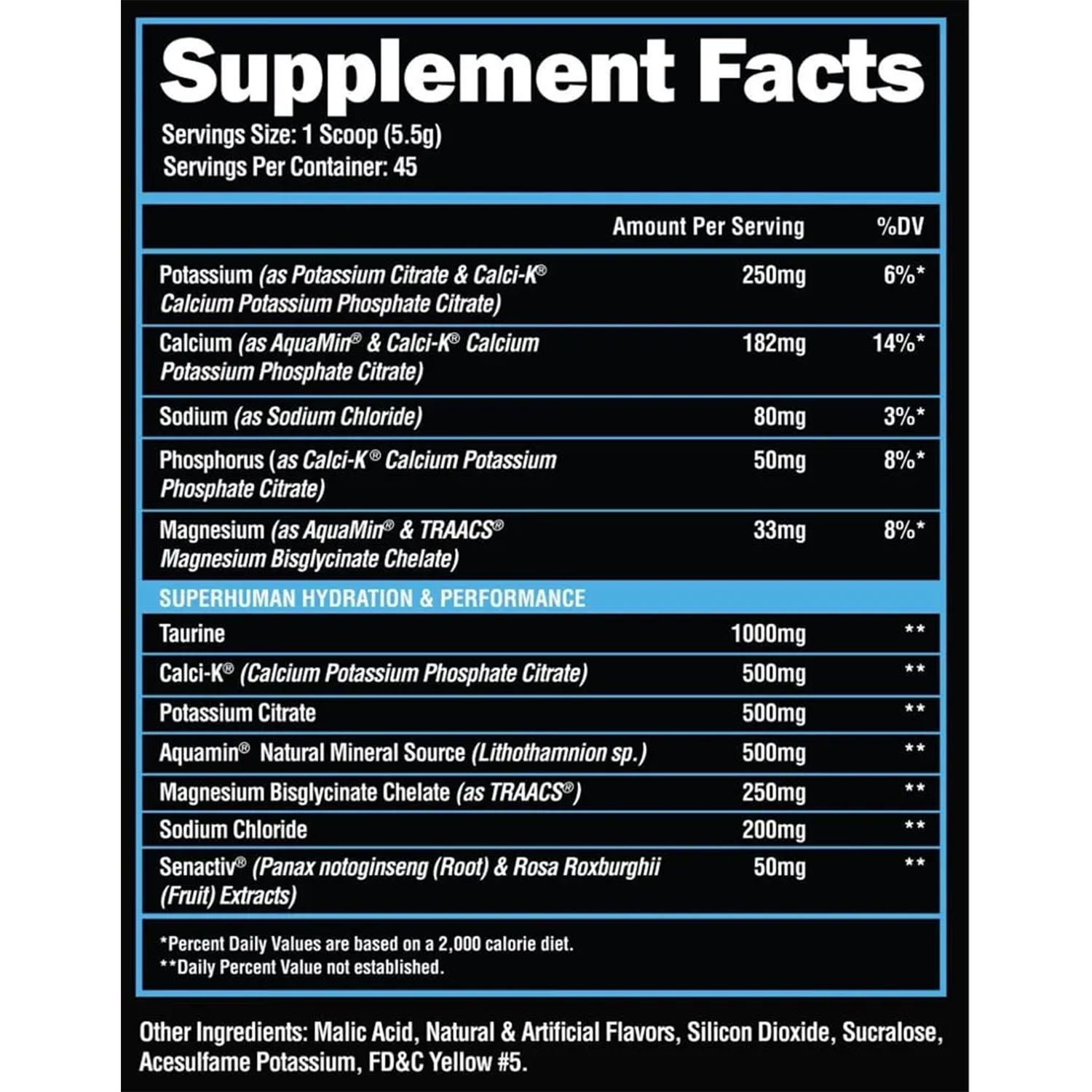 Supplement facts label for Alpha Lion Superhuman Hydration. The label provides detailed information on ingredients, serving size, and nutritional content.