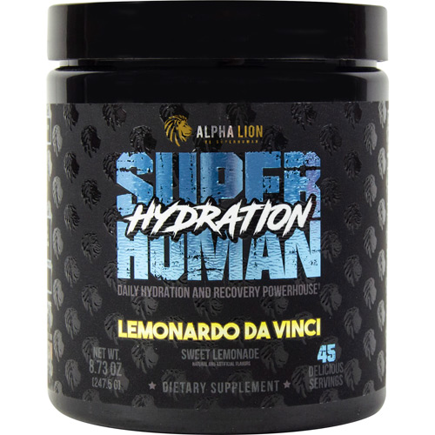 Alpha Lion Superhuman Hydration supplement packaging. The image showcases the product branding and design with a vibrant and dynamic background.