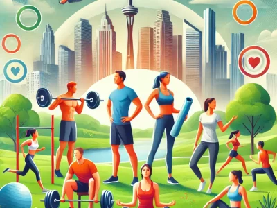 A diverse group of people, including a fitness trainer, athlete, and wellness enthusiast, engaging in various physical activities such as weightlifting, yoga, and running in an outdoor park. The vibrant city skyline and green spaces in the background reflect a holistic approach to health and fitness, symbolizing balance and wellness.