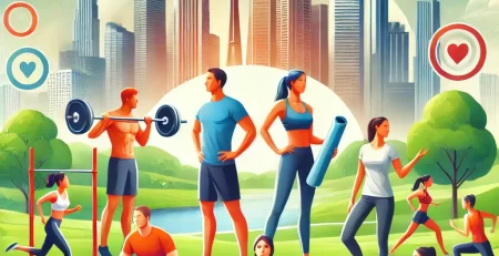 A diverse group of people, including a fitness trainer, athlete, and wellness enthusiast, engaging in various physical activities such as weightlifting, yoga, and running in an outdoor park. The vibrant city skyline and green spaces in the background reflect a holistic approach to health and fitness, symbolizing balance and wellness.
